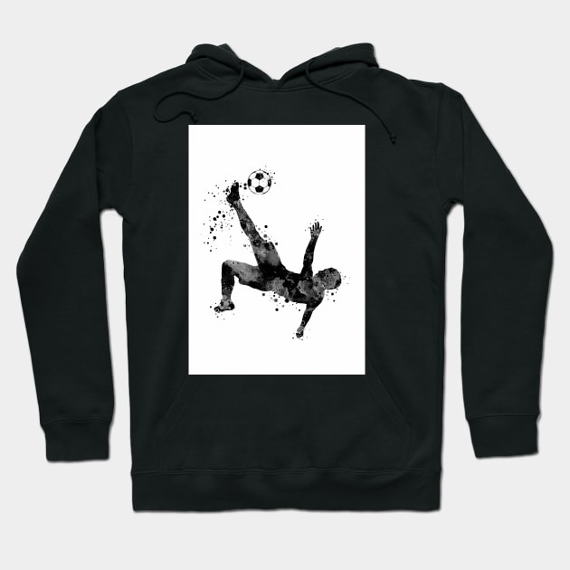 Boy Soccer Player Bicycle Kick Black and White Painting Hoodie by LotusGifts